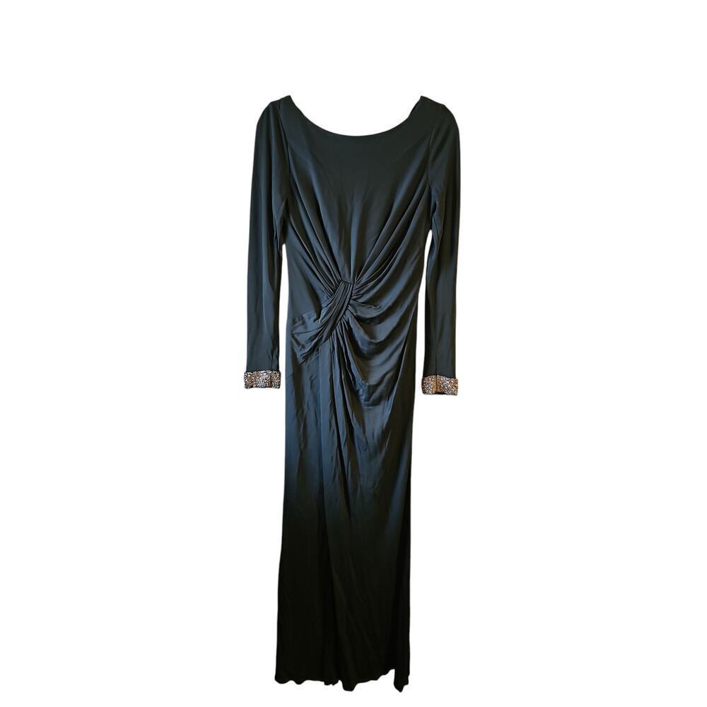 David Meister cut out back long green gown embellished sleeves formal dress sz 6